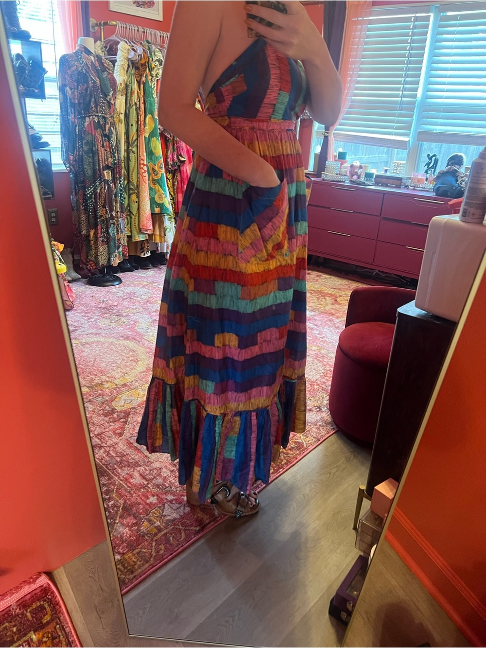 FARM Rio Multicolor Striped Midi Dress with Ruffle Hem - Picture 2 of 4